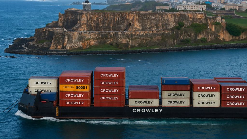 Crowley barge transporting shipping containers past Castillo San Felipe del Morro in San Juan, Puerto Rico